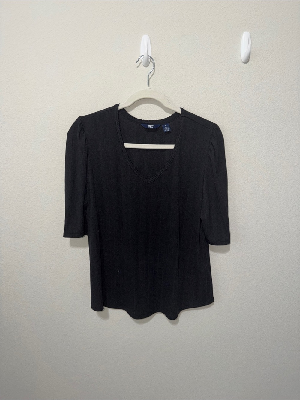 Lands end Black V-Neck Short-Sleeve Ribbed Top with Subtle Puff Shoulders